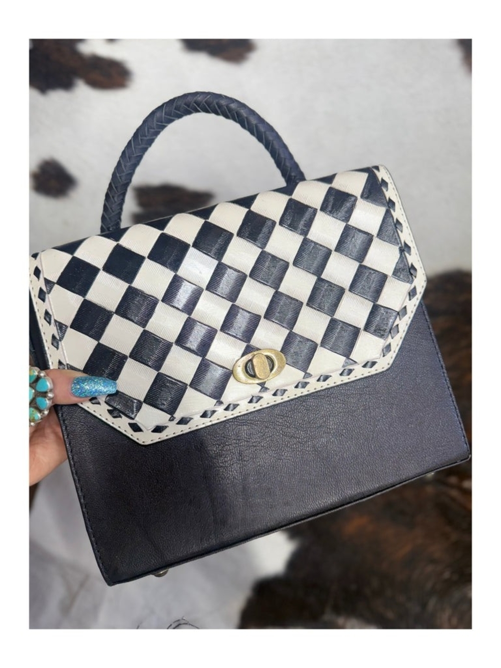 Woven Black and White Top-Handle Satchel